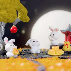 Miniature resin rabbit mooncake figures set for Mid-Autumn Festival decor accessories.