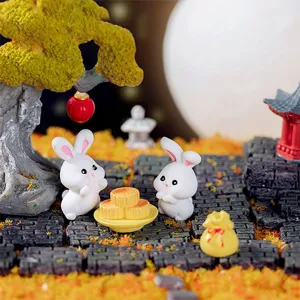 Cute resin rabbit mooncake figurines set for Mid-Autumn festival micro landscape desktop decor.