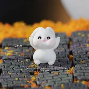 Close-up detail shot of a cute white resin rabbit miniature figurine with size dimensions shown.