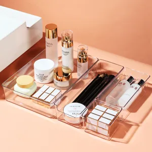 Clear PET Desktop Storage Box Open Top Makeup Organizer Sundries Stationery Baskets Transparent Plastic Rectangular Drawer Organizing Bins