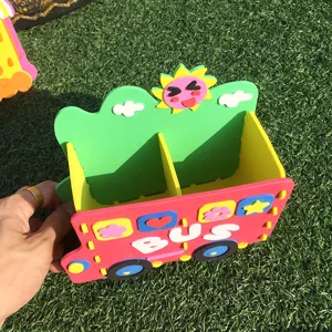 Children DIY EVA foam bus pen holder, colorful 3d sticker stationery storage organizer box.