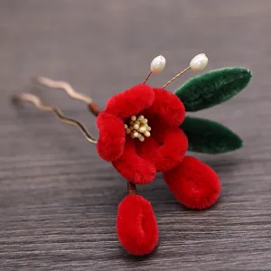 Handmade velvet flower hair stick DIY chenille stem red floral hairpin Asian retro hair accessory