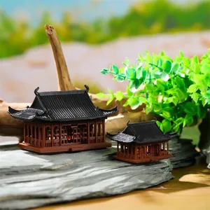 Chinese Zen miniature pavilion bonsai ornament desktop micro landscape decor detail shot