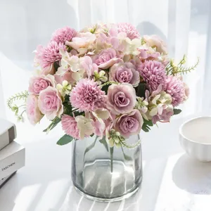 Nordic artificial hydrangea rose flower arrangement in glass vase home decor tabletop display