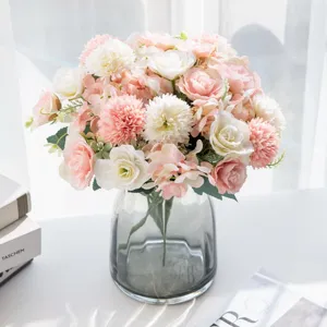 Nordic artificial flower arrangement pink peony hydrangea bouquet in grey glass vase for home decor