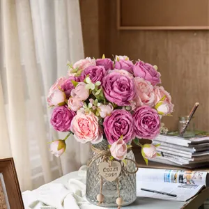 Bouquet di fiori di peonia fiorita artificiale europea in vaso di vetro decorazione casa