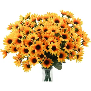 Artificial sunflower bouquet with glass vase, yellow faux floral arrangement for home decor.