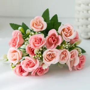 Artificial pink rose flower bouquet detail shot for home wedding decoration and floral arrangement