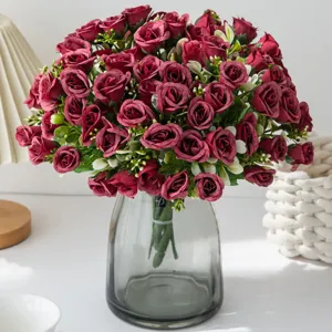 Artificial dark red rose bouquet with glass vase for home decor wedding party floral arrangement