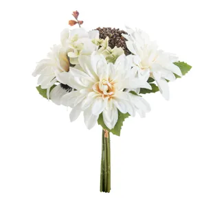Artificial black-eyed susan bouquet detail, white flower heads with green leaves for home decor.