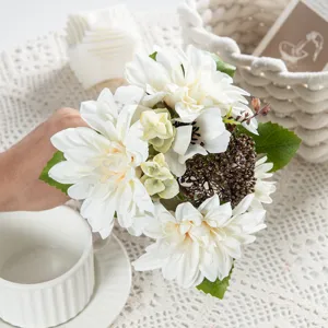 Artificial white flower bouquet, mixed dahlia and berries, home wedding decor photo prop
