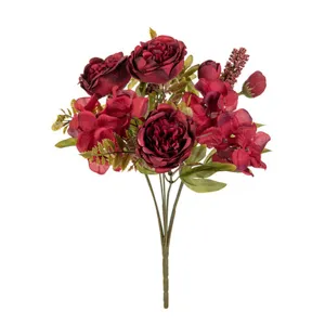 Künstlicher Pfingstrosen Blumenstrauß dunkelrot Retro Seidenblumen Hochzeit Deko