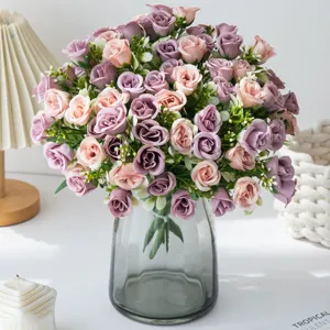 Artificial rose flower bouquet with glass vase for home decor wedding party decoration display