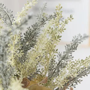 Close-up detail shot of artificial flocked lavender branches, showing delicate texture for decor.