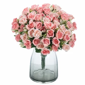 Artificial pink rose bouquet with glass vase for home decor wedding party floral arrangement