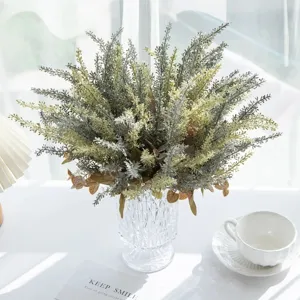 Artificial flocked lavender flower bouquet detail shot, pastoral style home decor arrangement.