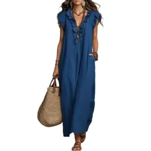 Bohemian ruffle sleeve long maxi dress for women summer casual elegant blue beach wear