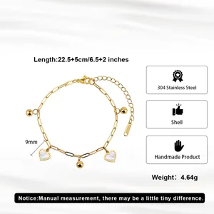 Detailed view of 304 stainless steel gold bracelet with shell heart charms and specifications
