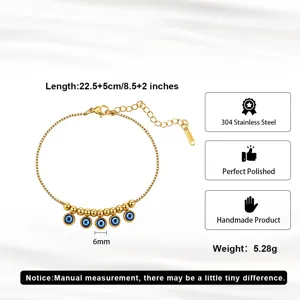 Detailed view of 304 stainless steel gold evil eye bracelet with size and weight