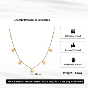 Detailed view of 304 stainless steel necklace featuring five golden flower charms