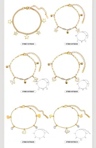 Variety of gold stainless steel charm bracelets with star heart and butterfly pendants