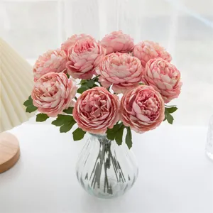 Artificial peony bouquet pink fake flowers in glass vase for home decoration wedding party