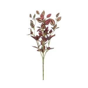 Artificial plant branch detail showing burgundy and green striped leaves for home decor.
