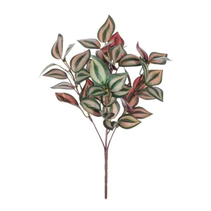 Artificial plant branch with variegated pink green leaves fake foliage for home decor.