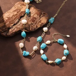 Collier en Argent Sterling 925 avec Turquoise Naturelle et Perle d'Eau Douce Plaqué Or 14K Bijoux Style Rétro Femme