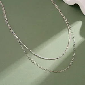 Collar de Capa Doble Minimalista Cadena de Clip Para Mujer Plata de Ley 925 Diamante de Imitación Cadena de Tenis Joyería Regalo