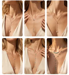 Varios estilos de collares bohemios en capas dorados con turquesas y perlas