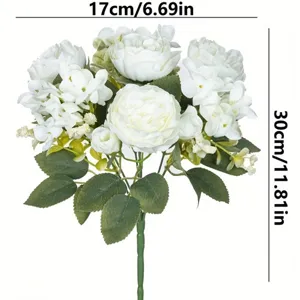 Artificial white rose bouquet detail view with size dimensions 17x30cm for wedding decor.
