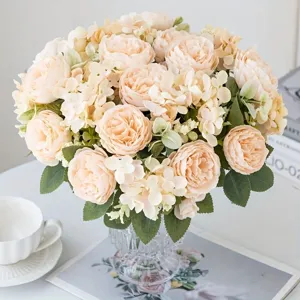 Artificial peony flower bouquet in glass vase for home decor wedding photography props