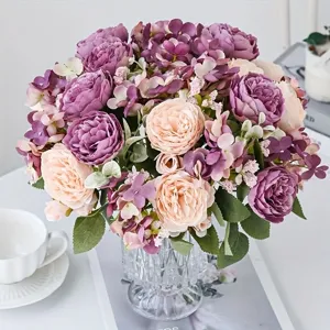 Artificial rose flower bouquet wedding home decor floral arrangement clear vase photography prop