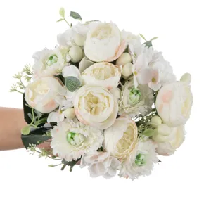 Artificial flower bouquet home decor, elegant white peony arrangement for living room table.