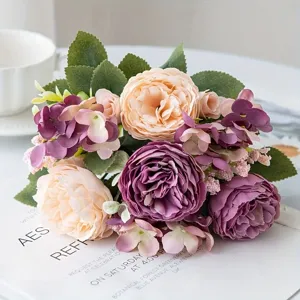 Artificial rose flower bouquet wedding home decor photography props purple champagne