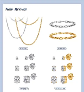 Vue détaillée de boucles d'oreilles, colliers et bracelets en zircon ovale, or et argent.