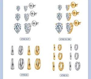 Détail de puces d'oreilles en zircon et créoles en acier inoxydable en finitions or et argent.
