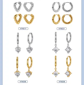 Collection de boucles d'oreilles zircon cœur et carré avec créoles en acier inoxydable.