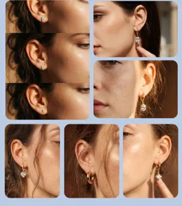 Collage de boucles d'oreilles en or avec diverses formes de zircons sur un modèle au coucher du soleil.