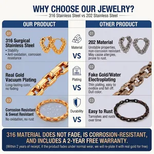 Comparaison bijoux acier inoxydable 316 montrant durabilité et placage d'or