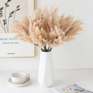 Closeup of fluffy dried pampas grass bouquet in a white geometric vase on a Nordic table.