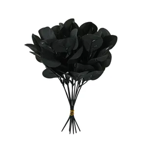 Black artificial eucalyptus leaves Halloween decorative floral arrangement stems.
