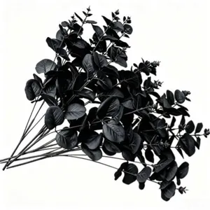 Detailed view of the black artificial eucalyptus leaves and stems for floral arrangements.