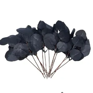 Black artificial eucalyptus leaves Halloween floral arrangement fake leaf stems for DIY crafts