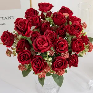 Artificial Red Rose Bouquet Fake Flowers Wedding Home Table Decor Silk Floral Arrangement