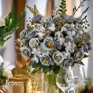 Kunstbloemen boeket grijs blauwe huwelijksroos home decoratie tafel middelpunt bloemstuk