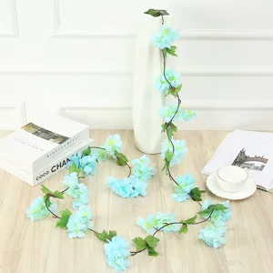 Artificial blue flower vine detail, perfect for wedding and home wall ceiling decor.