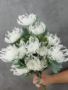 White artificial spider chrysanthemum bouquet flocking fake flowers for home tabletop decor.