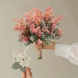 Artificial eucalyptus flower bouquet home decor fake plant pink floral arrangement with corsage